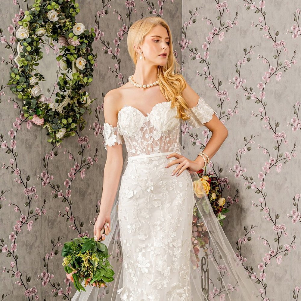 NEW FLOOR LENGTH FORMAL MERMAID DRESS EMBROIDERED WITH FLORAL APPLQIUE GL3424